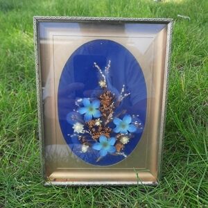Vintage Handmade Dried Floral and Faux Floral Gold Metal Framed Art